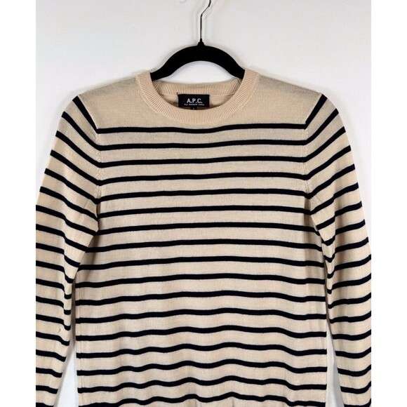 APC Womens Sweater Beige Striped Wool Crewneck Pullover Long Sleeve Jumper Small - Picture 7 of 11